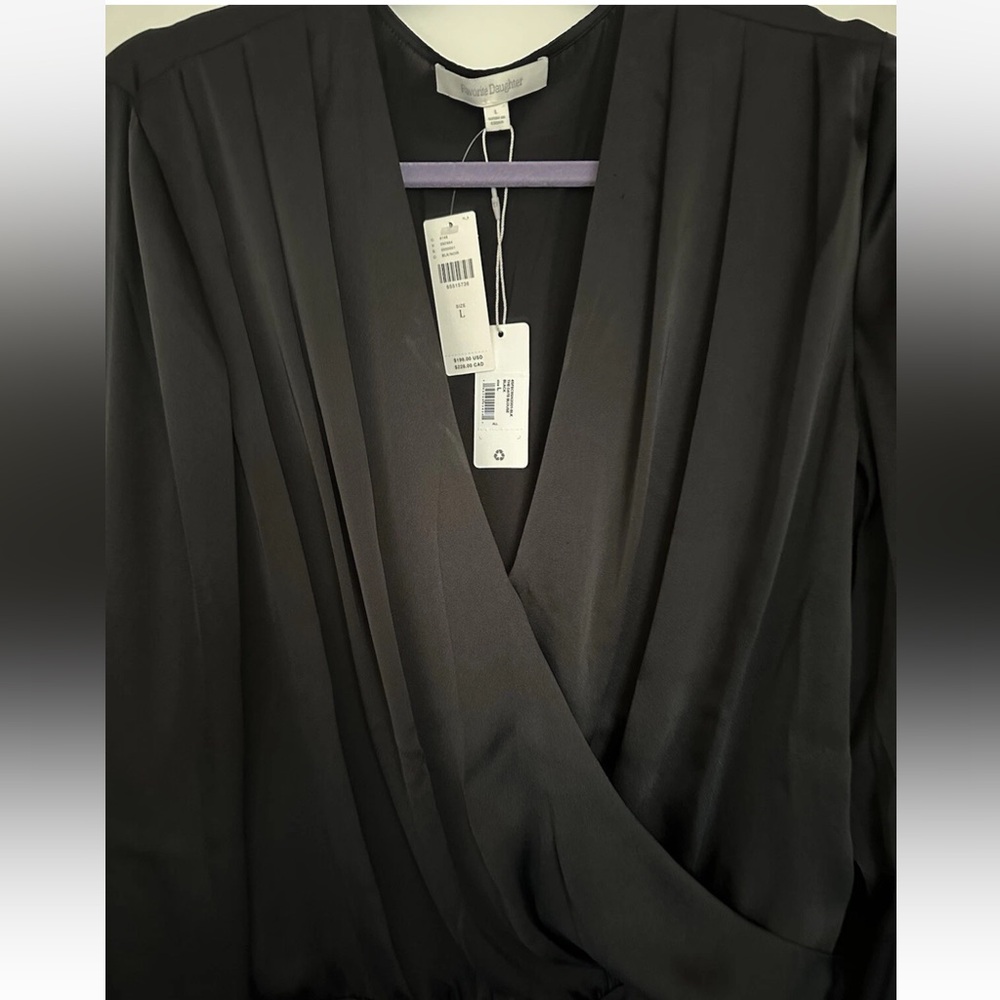 NWT Favorite Daughter Chiffon Bodysuit Black Women’s Size L Long Sleeve Pleated - Picture 4 of 16